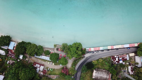 High angle view of train on road in city