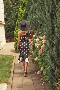 Rear view of woman in hat walking on footpath by plants