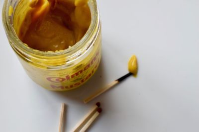 High angle view of drink in jar on table