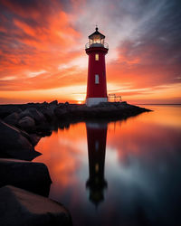 Lighthouse by sea against sky during sunset