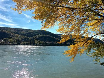 Scenic view of lake and mountains against sky