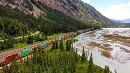 Train passes along river. mountain river flowing through forest during flash flood from mountains