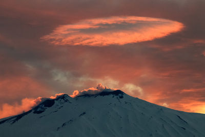 Scenic view of snowcapped mountains against sky during sunset