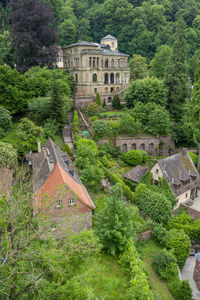 High angle view of trees and building