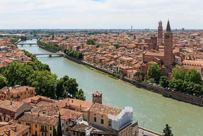 Aerial view of river passing through city