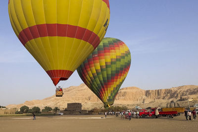 Close-up of hot air balloons flying in the sky