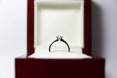 Close-up of diamond ring in jewelry box