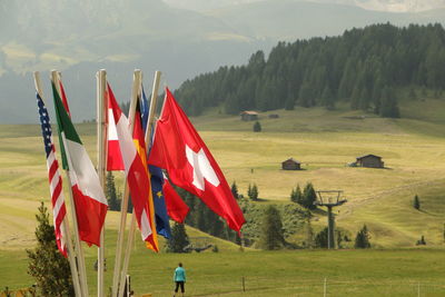 Red flag on field against sky