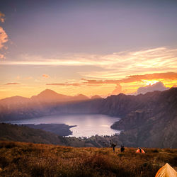 Scenic view of mountains against sky during sunset on mount rinjani