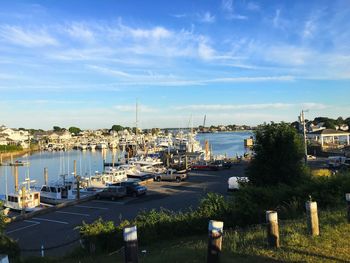 High angle view of marina at harbor