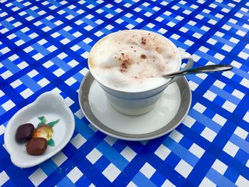 High angle view of breakfast on table