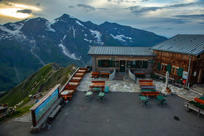 High angle view of buildings and mountains against sky