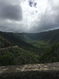 Scenic view of mountains against cloudy sky