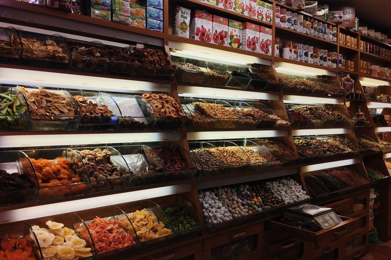 HIGH ANGLE VIEW OF FOOD FOR SALE