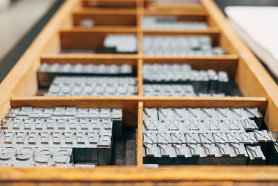 Close-up of equipment in wooden box