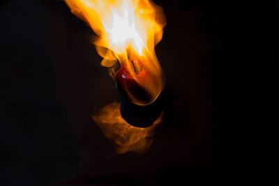 Close-up of lit candle against black background