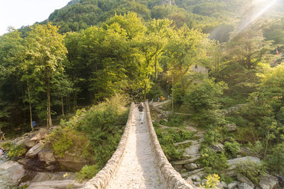 Man crossing medieval "ponte dei salti" verzasca bridge