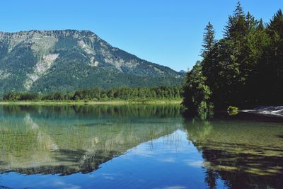 Scenic view of lake and mountains against clear blue sky