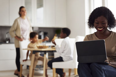 Family working and doing chores at home