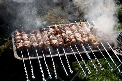 High angle view of food on barbecue grill