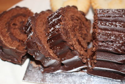 Close-up of yule log slices on table