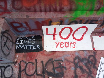Close-up of text on wall