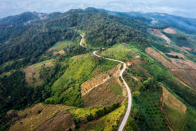 Aerial landscape view road over top of mountains at chiang rai thailand