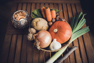 High angle view of fruits in bowl on table