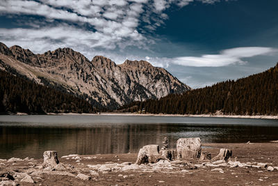 Scenic view of lake by mountains against sky