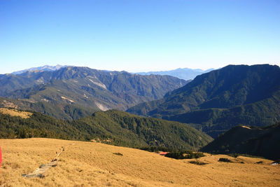 Scenic view of mountains against clear blue sky