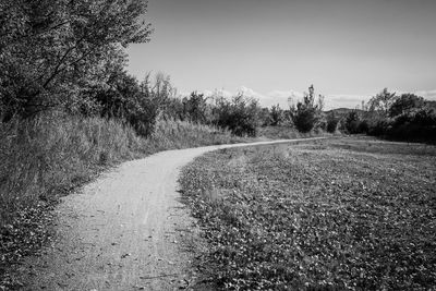 Dirt road amidst trees on field against clear sky