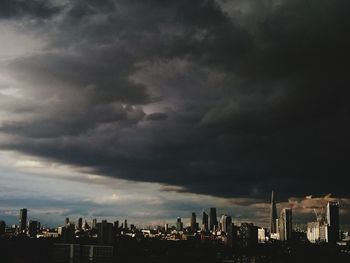 City skyline against cloudy sky