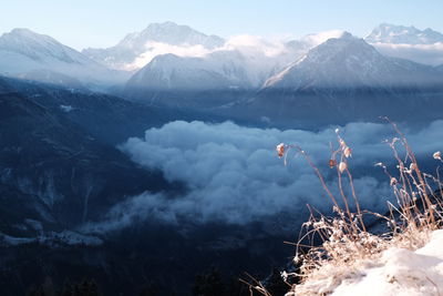 Scenic view of snowcapped mountains against sky