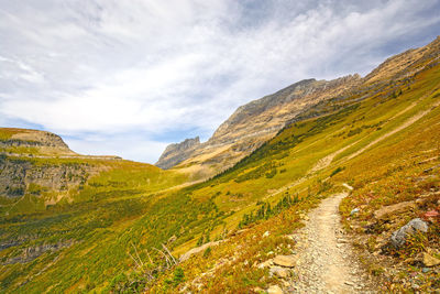 Highline trail heading up toward the garden wall in fall in glacier national park in montana