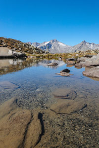 Scenic view of snowcapped mountains against blue sky