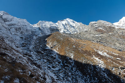 Scenic view of snowcapped mountains against blue sky