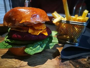 Close-up of burger on table