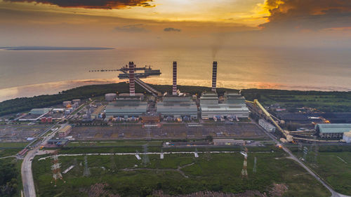 High angle view of cityscape during sunset