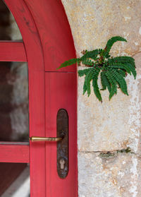 Close-up of red mailbox on wall