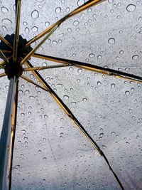 Low angle view of raindrops on metal structure