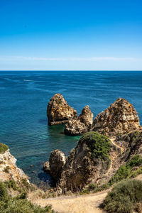 Scenic view of rocks in sea against blue sky