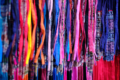 Full frame shot of multi colored textiles hanging in store