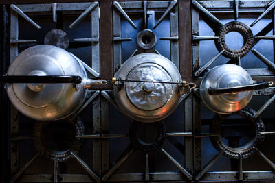 Directly above shot of kettles on stove
