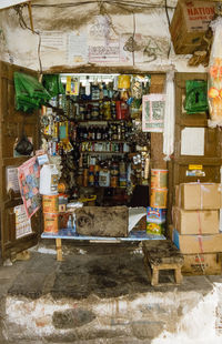 Stack of bottles on display at store