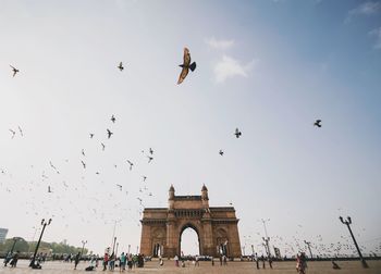 People at gateway to india with birds flying in sky