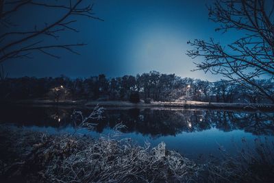 Scenic view of lake in forest against clear sky