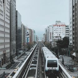 Railroad tracks amidst buildings in city against sky