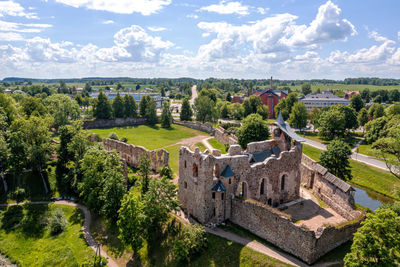 Ruins of an ancient medieval castle dobele latvia, aerial top view