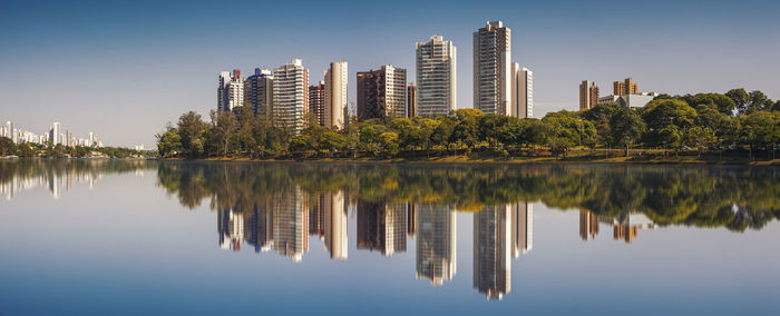 Reflection of buildings in lake against sky