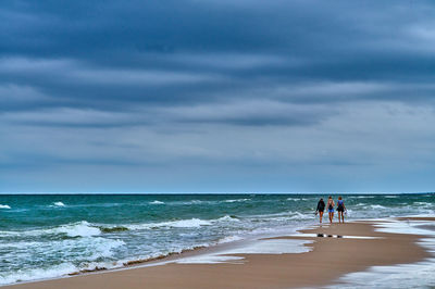 Rear view of people at beach against sky